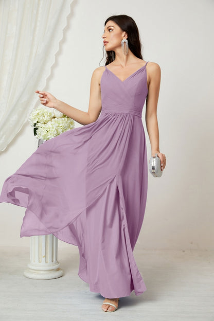 Numbersea Chiffon V-Neck Bridesmaid Dress Spaghetti Strap Long Formal Party Prom Gowns with Slit 28010-numbersea