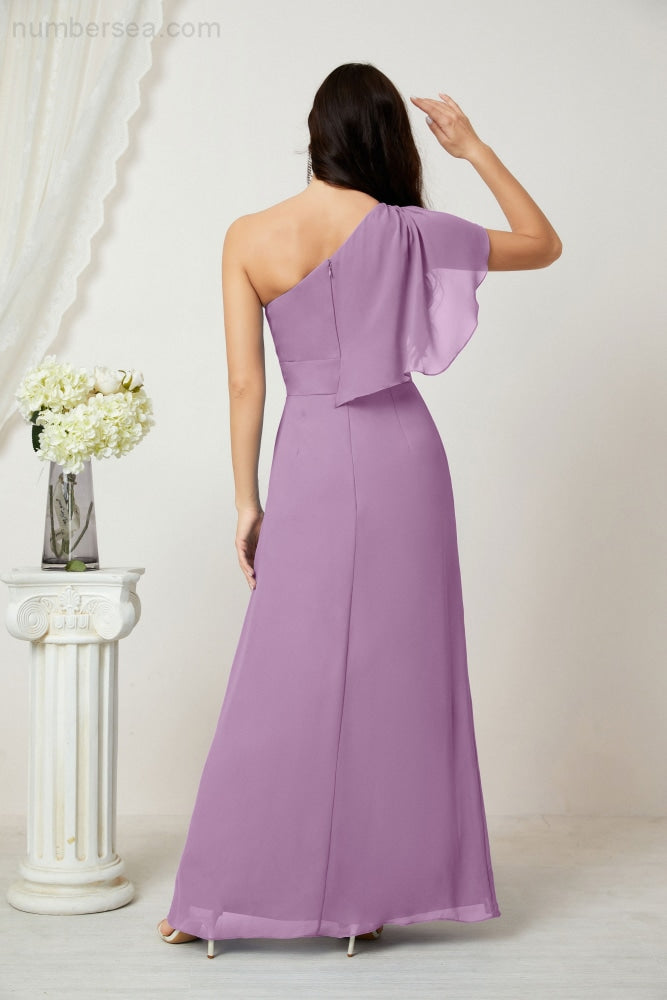 Numbersea Chiffon Ruffled One Shoulder Long Bridesmaid Dresses A-line Formal Evening Gown Side Split 2809-numbersea