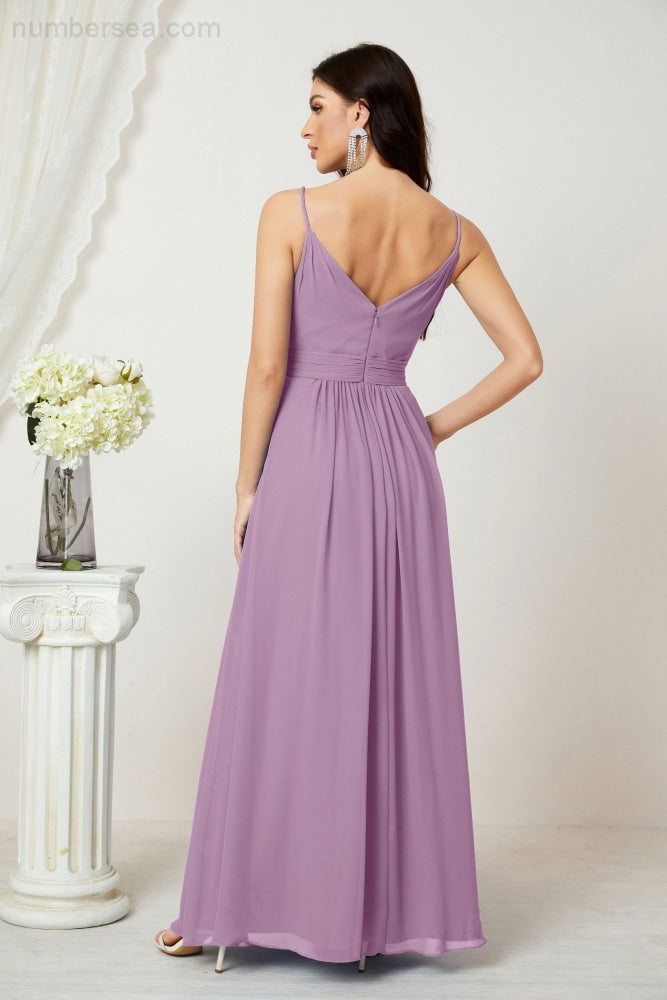 Numbersea Chiffon V-Neck Bridesmaid Dress Spaghetti Strap Long Formal Party Prom Gowns with Slit 28010-numbersea