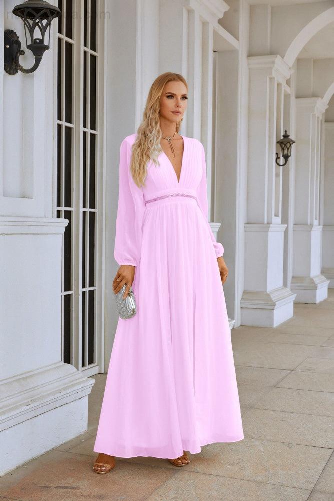 Ladies V Neck Chiffon Long Sleeve Front Slit Bridesmaid Evening Dress Wedding Party Shopping Evening Dress 28109-numbersea