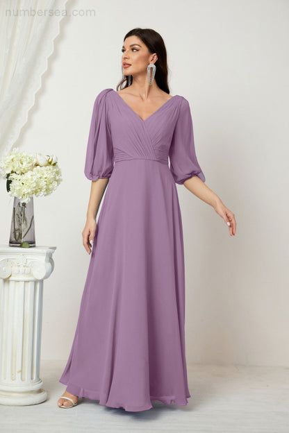 Numbersea Formal Prom Gown Women V-Neck Chiffon Bridesmaid Dresses Long Bishop Sleeve Party Dress 2807-numbersea