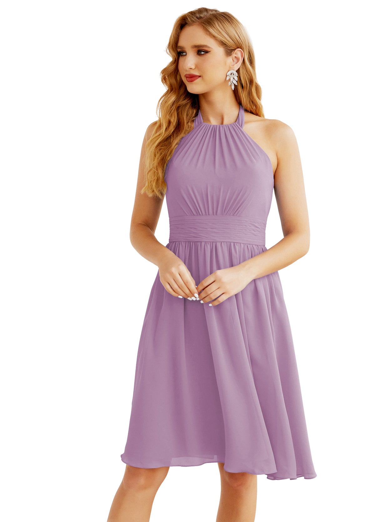 Numbersea Halter Chiffon Bridesmaid Dresses Short Sleeveless Formal Party Dress Open Back 28023