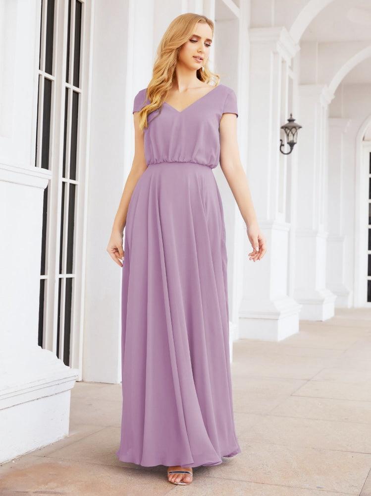 Numbersea V-Neck Bridesmaid Dresses Long Cap Sleeves Prom Evening Formal Gowns 28071-numbersea