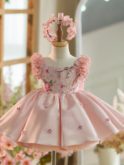 Floral Embroidery Sequins Tulle Knee-length Pink Baby Girl Dress