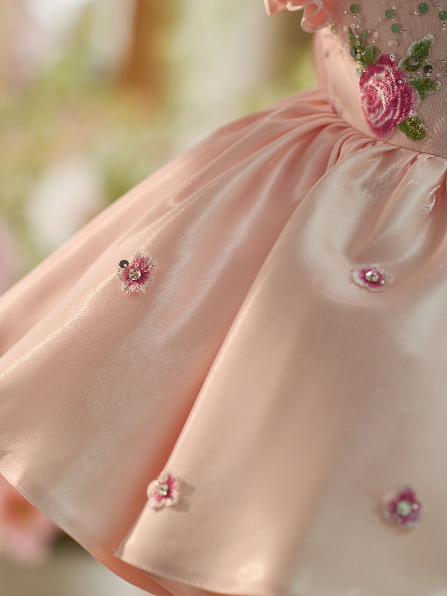 Floral Embroidery Sequins Tulle Knee-length Pink Baby Girl Dress