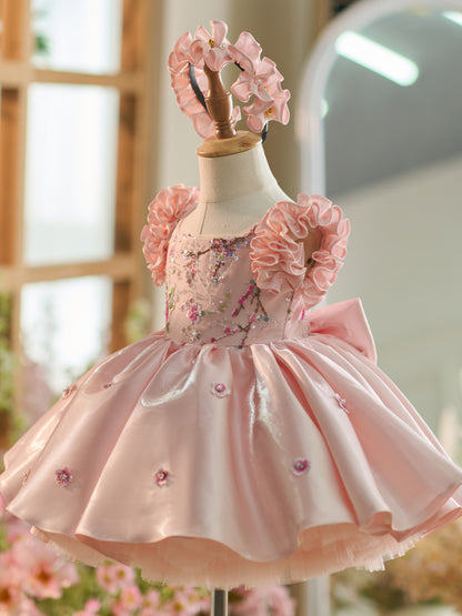 Floral Embroidery Sequins Tulle Knee-length Pink Baby Girl Dress