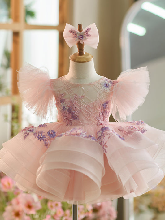 Floral Embroidery Puffy Sleeves Tulle Knee-length Baby Girl Dress