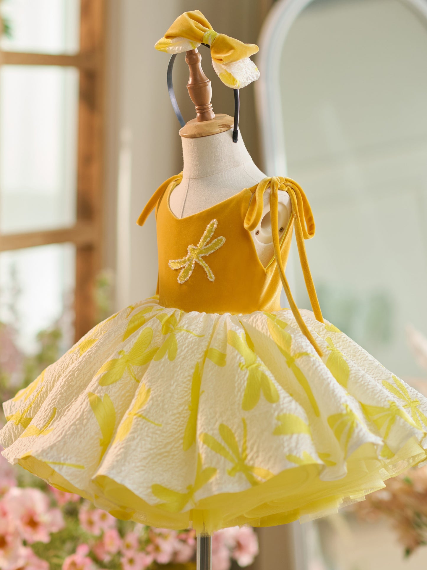 Velvet Tulle Knee-length Gold Toddler Birthday Party Dress