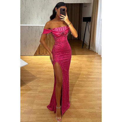 Sheath/column Pff Shoulder Side Slit Long Prom Party Dress