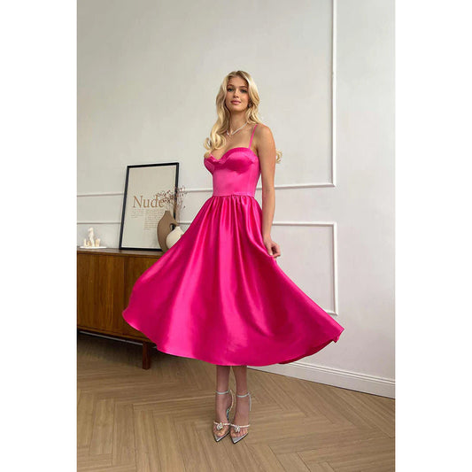 Simple Sweetheart Sleeveless Ruched Satin A-Line Midi Evening Party Dress