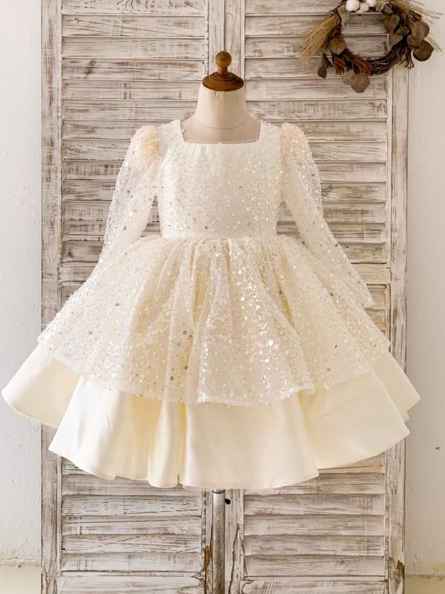 Satin Knee-length Ivory Girl Birthday Dress