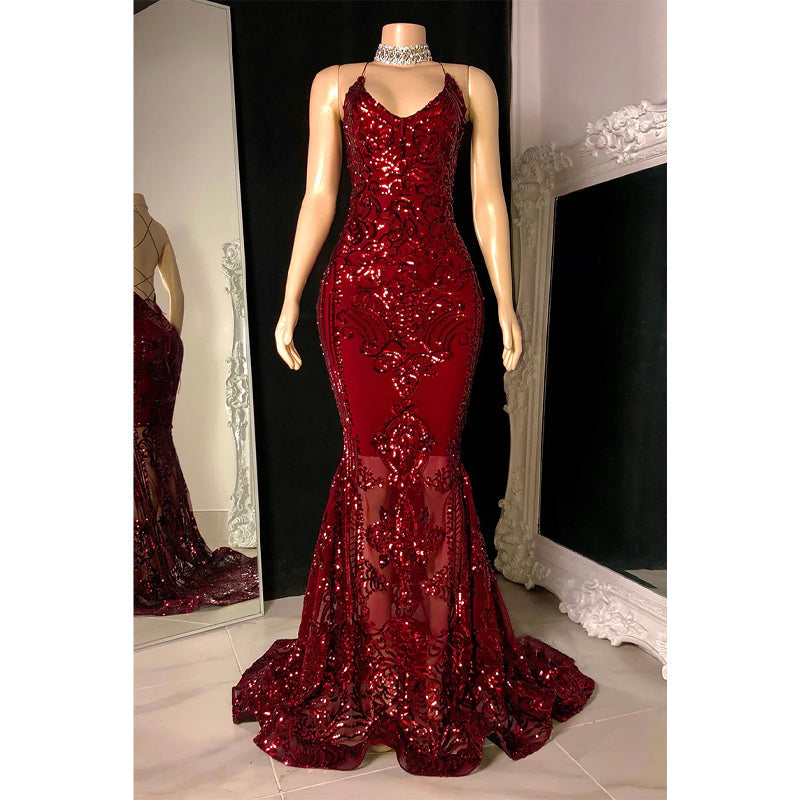 Spaghetti Straps Sequins Appliques Burgundy Mermaid Prom Dress Black Girl Slay