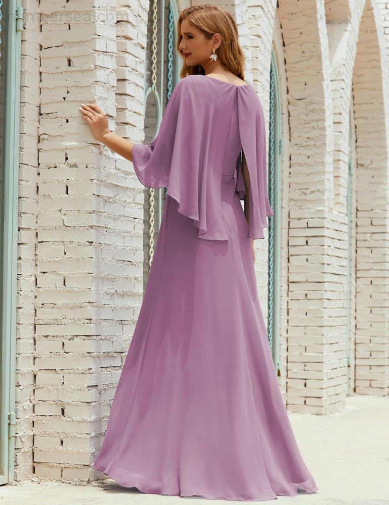 Numbersea Bridesmaid Dress Women Long Sleeve V-Neck Chiffon Formal Wedding Party 28018