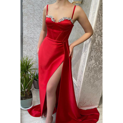 Spaghetti Straps Sweetheart Beads Red Long Prom Formal Dress