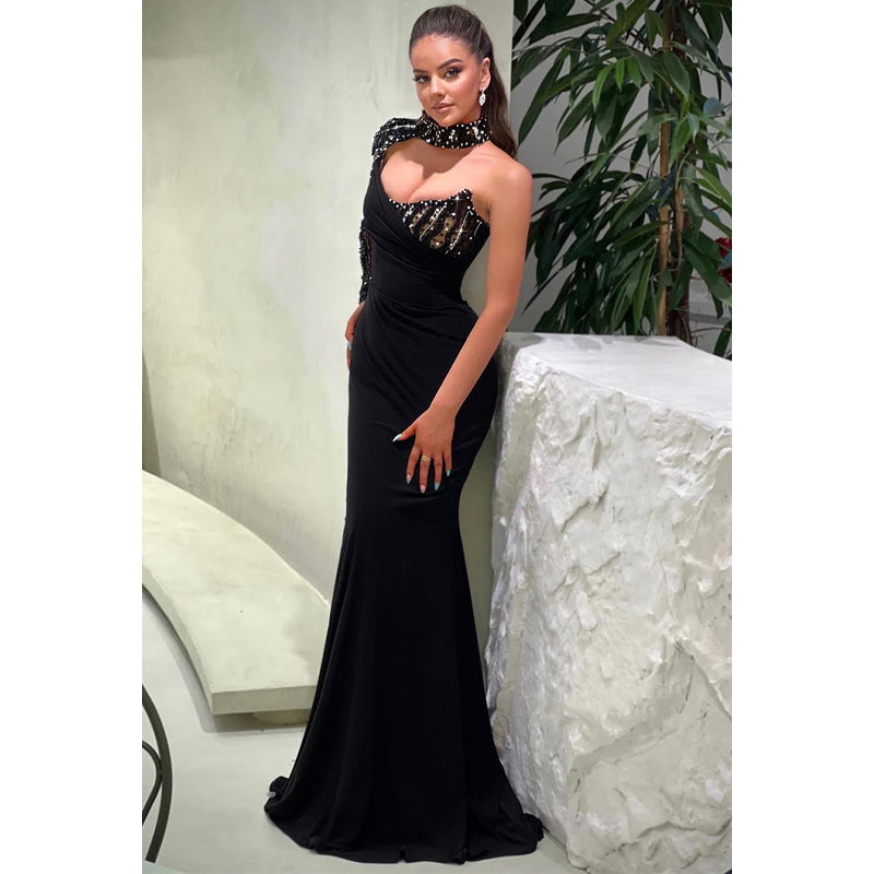 Sexy & Hot High Neck Beaded Black Long Sleeves Sparkly Formal Prom Dress