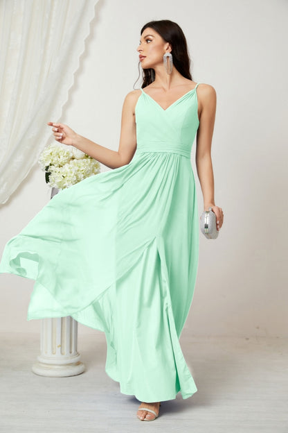 Numbersea Chiffon V-Neck Bridesmaid Dress Spaghetti Strap Long Formal Party Prom Gowns with Slit 28010-numbersea