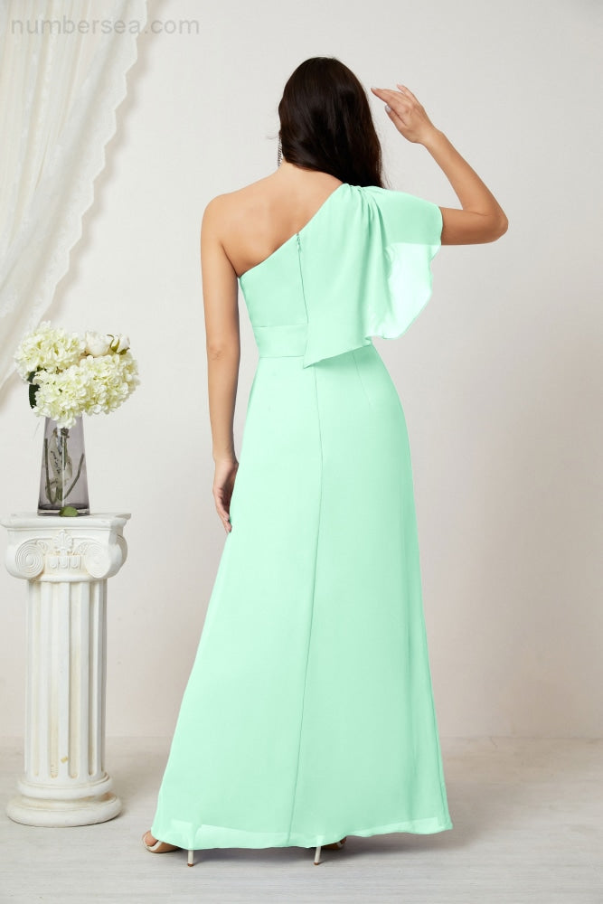 Numbersea Chiffon Ruffled One Shoulder Long Bridesmaid Dresses A-line Formal Evening Gown Side Split 2809-numbersea