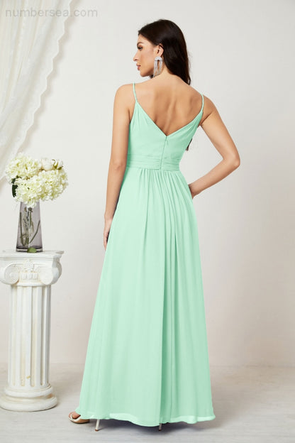 Numbersea Chiffon V-Neck Bridesmaid Dress Spaghetti Strap Long Formal Party Prom Gowns with Slit 28010-numbersea