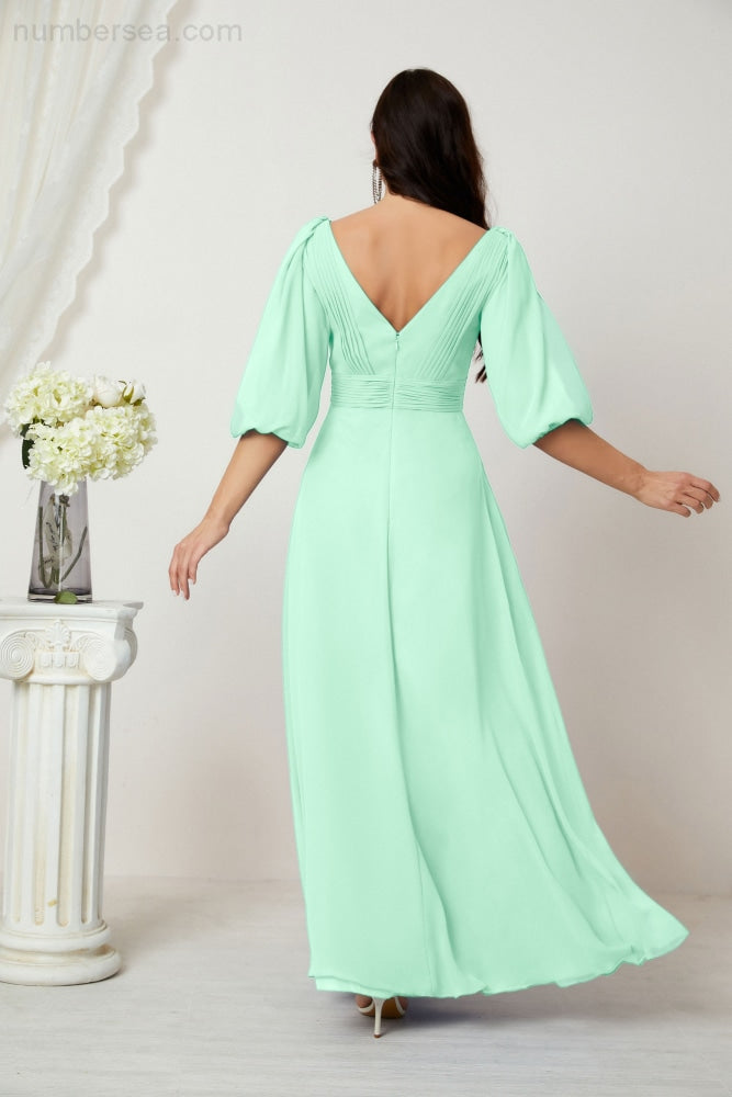 Numbersea Formal Prom Gown Women V-Neck Chiffon Bridesmaid Dresses Long Bishop Sleeve Party Dress 2807-numbersea