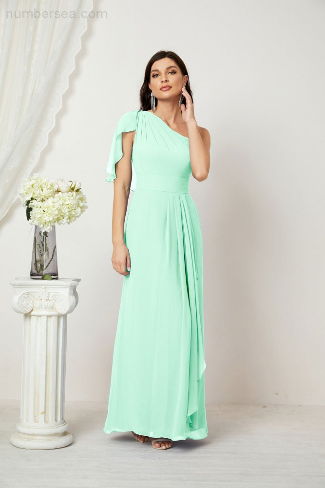 Numbersea Chiffon Ruffled One Shoulder Long Bridesmaid Dresses A-line Formal Evening Gown Side Split 2809-numbersea