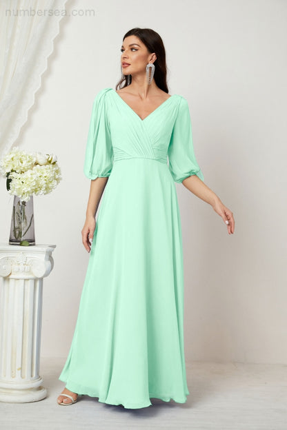 Numbersea Formal Prom Gown Women V-Neck Chiffon Bridesmaid Dresses Long Bishop Sleeve Party Dress 2807-numbersea