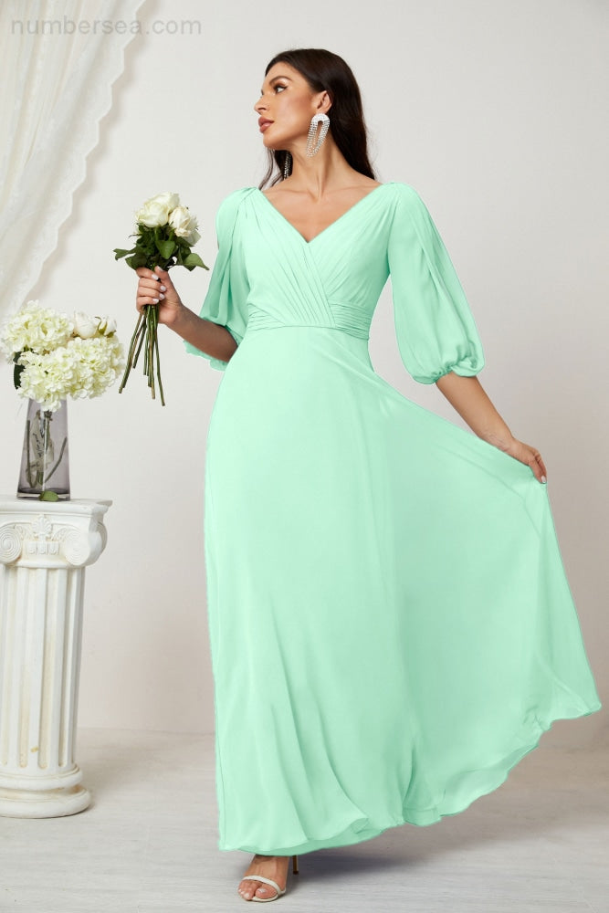 Numbersea Formal Prom Gown Women V-Neck Chiffon Bridesmaid Dresses Long Bishop Sleeve Party Dress 2807-numbersea