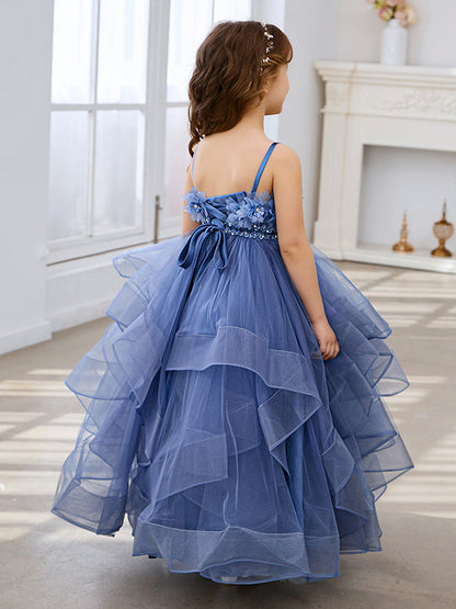 Slate Blue A-Line Princess Sleeveless Tulle Flower Girl Dress