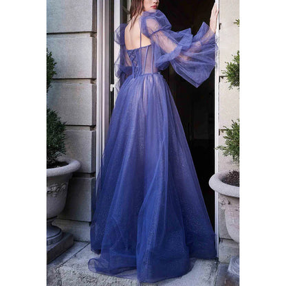 Sparkly V-Neck Long Sleeves Appliqued Sheer Tulle A-Line Long Prom Dress