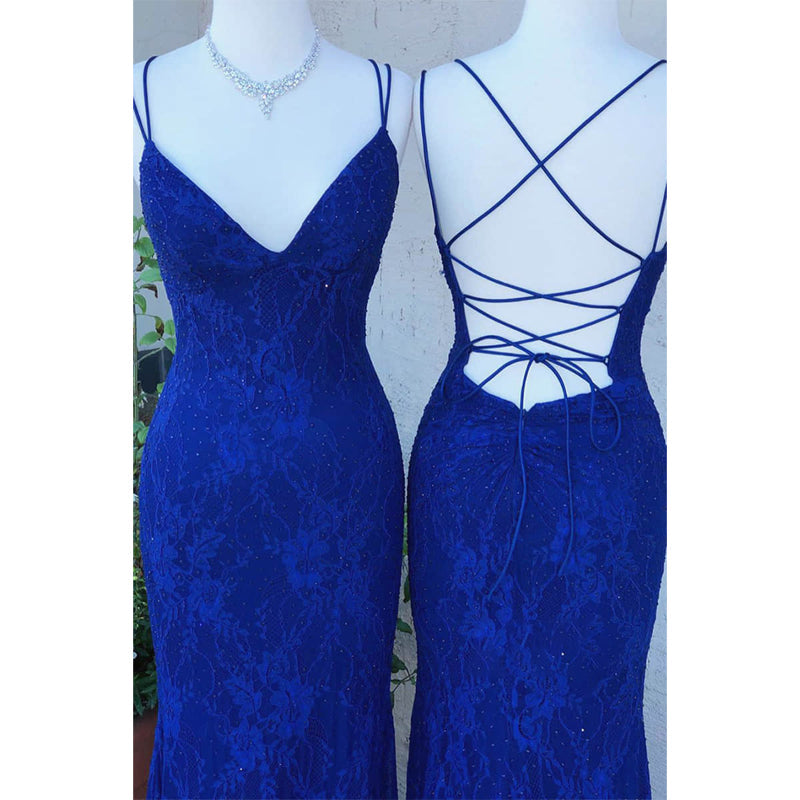 Royal Blue Lace Spaghetti Straps V-neck Mermaid Prom Dress