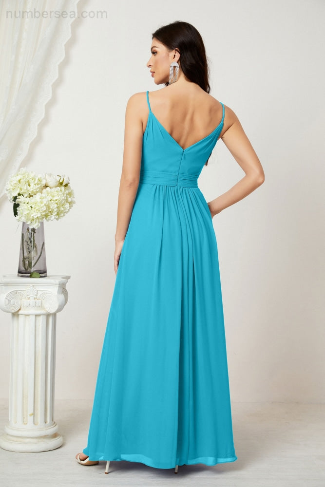 Numbersea Chiffon V-Neck Bridesmaid Dress Spaghetti Strap Long Formal Party Prom Gowns with Slit 28010-numbersea