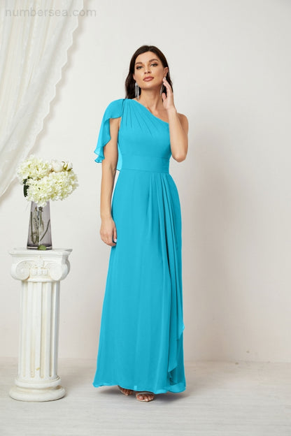 Numbersea Chiffon Ruffled One Shoulder Long Bridesmaid Dresses A-line Formal Evening Gown Side Split 2809-numbersea