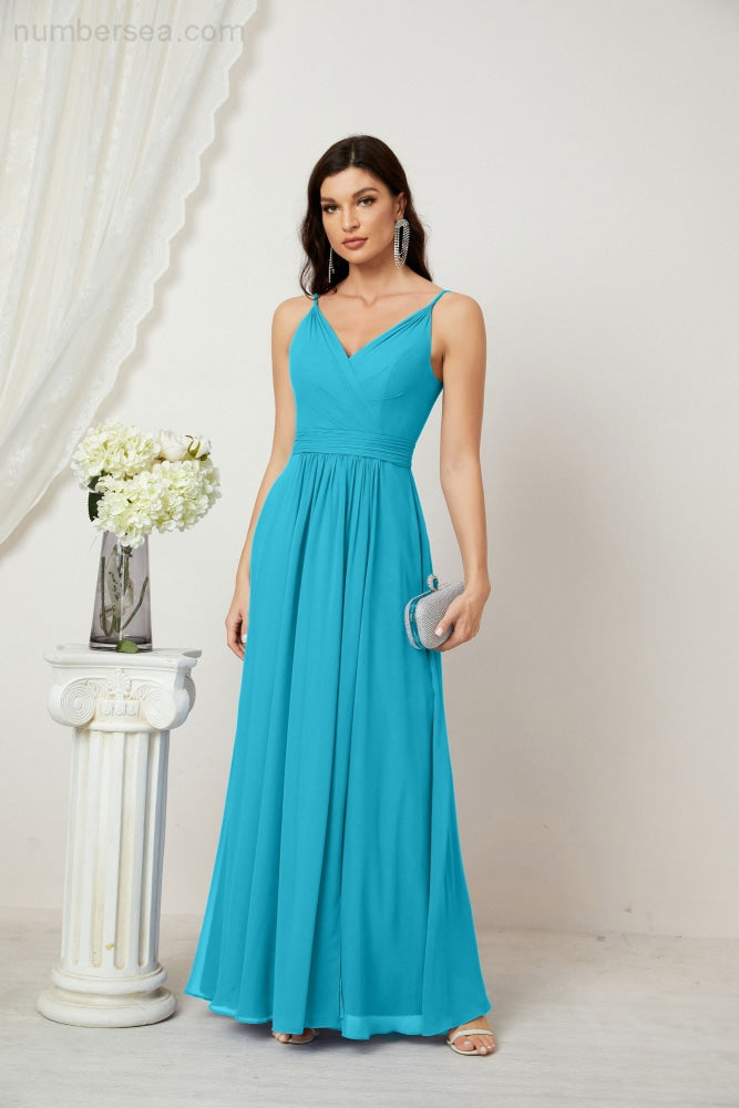 Numbersea Chiffon V-Neck Bridesmaid Dress Spaghetti Strap Long Formal Party Prom Gowns with Slit 28010-numbersea