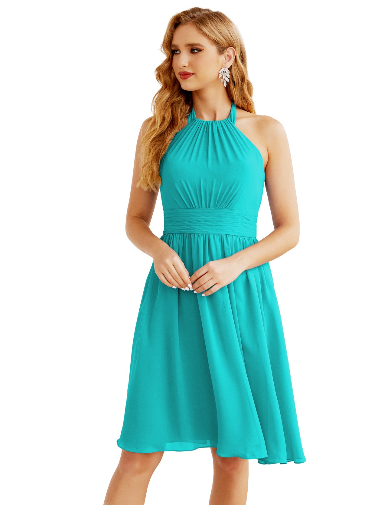 Numbersea Halter Chiffon Bridesmaid Dresses Short Sleeveless Formal Party Dress Open Back 28023