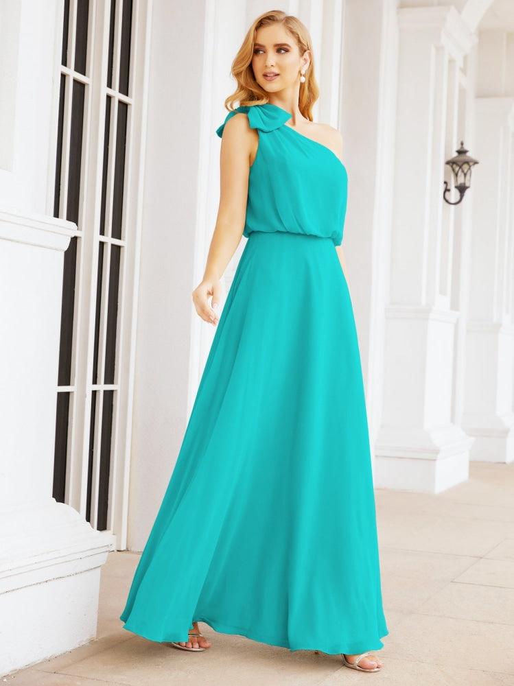 Numbersea Chiffon Ruffled One Shoulder Sleeveless Long Bride Dresses A-line Formal Evening Gown Side Split 28057-numbersea