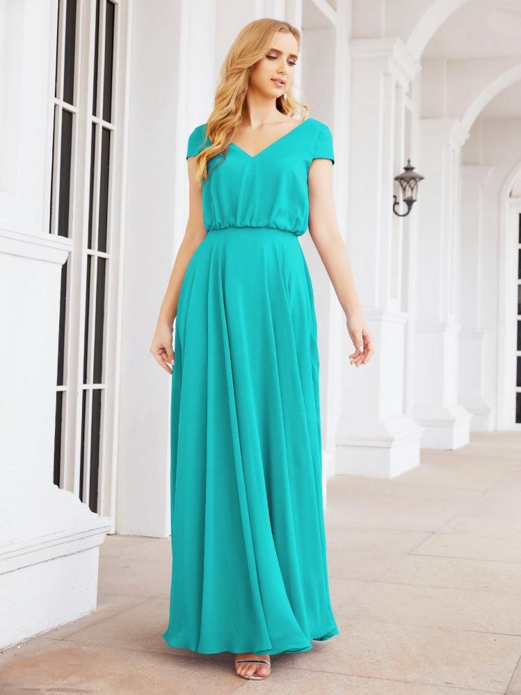 Numbersea V-Neck Bridesmaid Dresses Long Cap Sleeves Prom Evening Formal Gowns 28071-numbersea