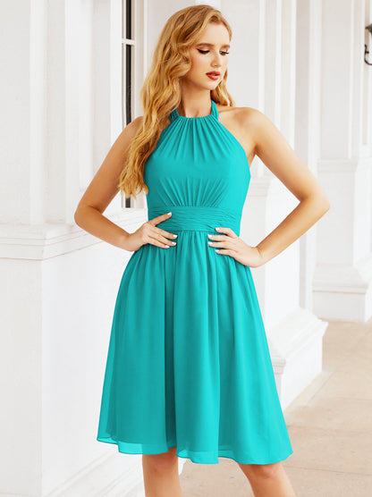 Numbersea Halter Chiffon Bridesmaid Dresses Short Sleeveless Formal Party Dress Open Back 28023