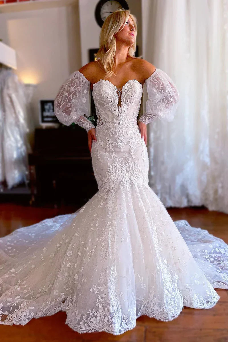 Wedding Dress Sparkly White Mermaid Detachable Long Sleeves Lace