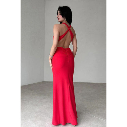 Simple & Casual Sheath/Column V-neck Sleeveless Halter Criss-Cross Straps Prom Dress