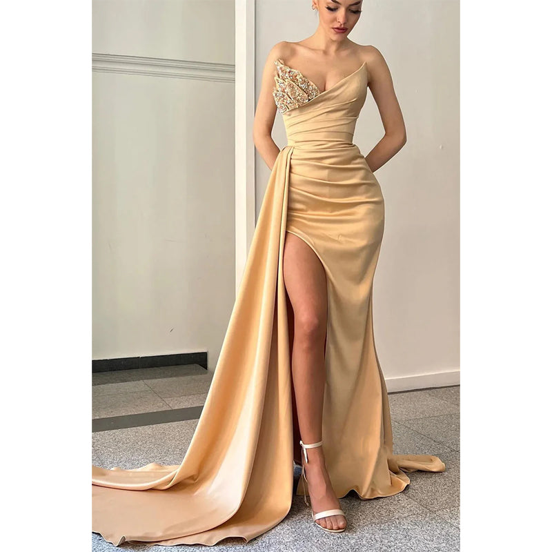 Sexy V-Ausschnitt Perlen Satin Falten Hoher Schlitz Langes Ballkleid