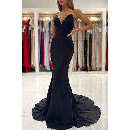 Spaghetti Straps Black Prom Dress Long