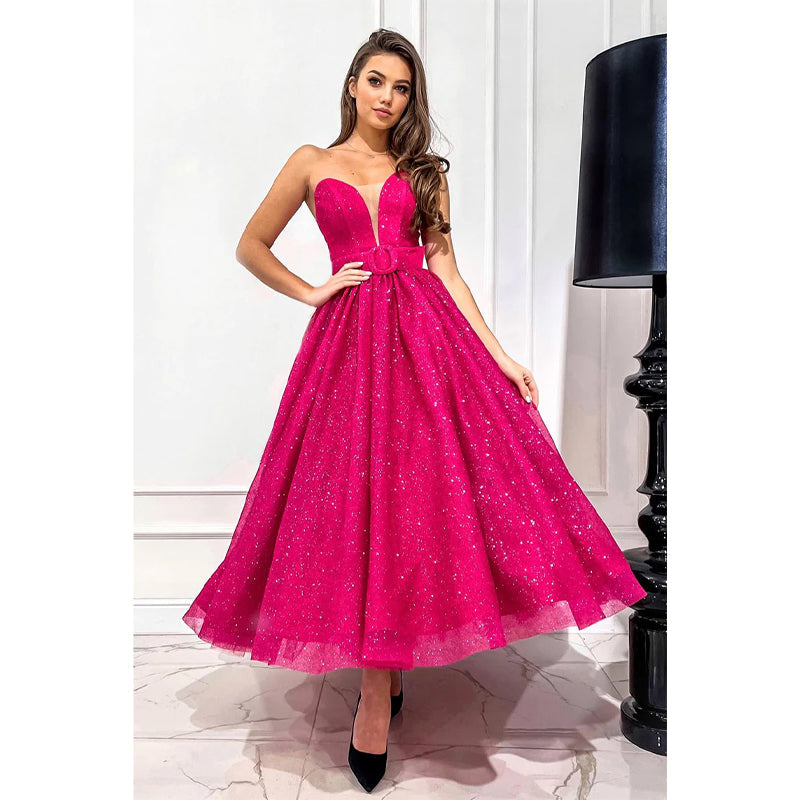 Tiefer V-Ausschnitt Fuchsia Vintage Ballkleid Glitzer 