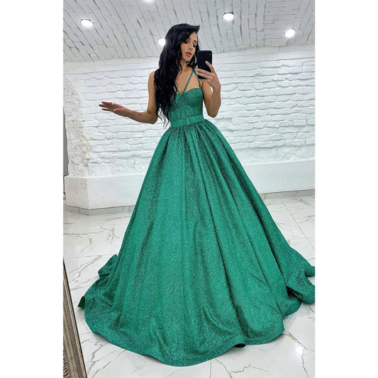 Women's Spaghetti Straps Sparkly Prom Ball Gown with Pockets