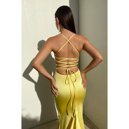 Plunging V-neck Yellow Long Prom Dress