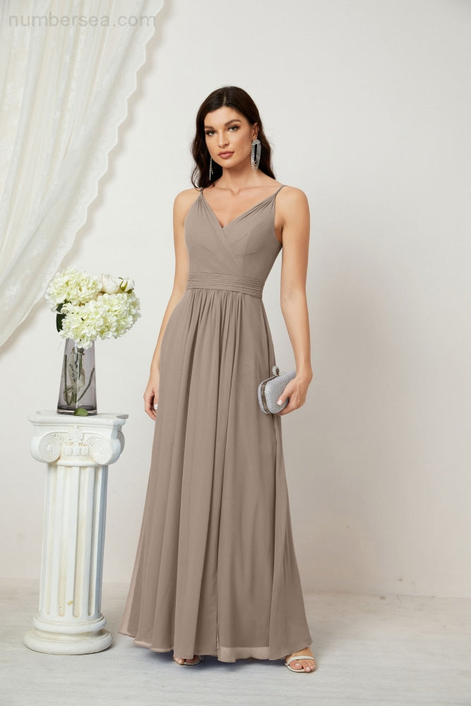 Numbersea Chiffon V-Neck Bridesmaid Dress Spaghetti Strap Long Formal Party Prom Gowns with Slit 28010-numbersea