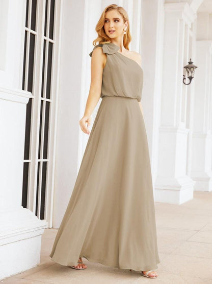 Numbersea Chiffon Ruffled One Shoulder Sleeveless Long Bride Dresses A-line Formal Evening Gown Side Split 28057-numbersea