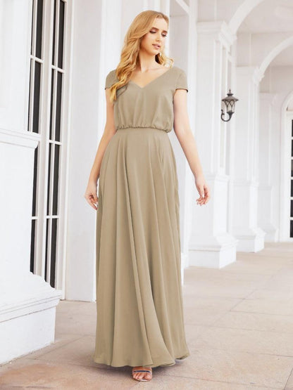 Numbersea V-Neck Bridesmaid Dresses Long Cap Sleeves Prom Evening Formal Gowns 28071-numbersea