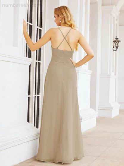 Numbersea Halter Bridesmaid Dresses with Pockets Sleeveless Formal Evening Party Prom Gowns 28055-numbersea
