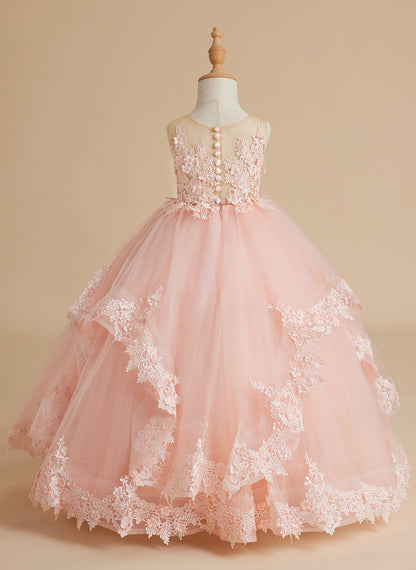 Princess Sleeveless Tulle Gown with Lace Appliques and Sweep Train for Girls