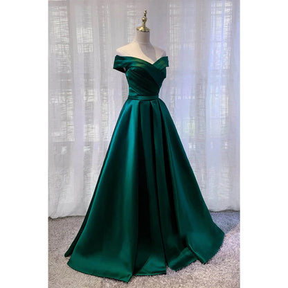 Unique Off-shoulder Green Satin Pleat Long Formal Dress