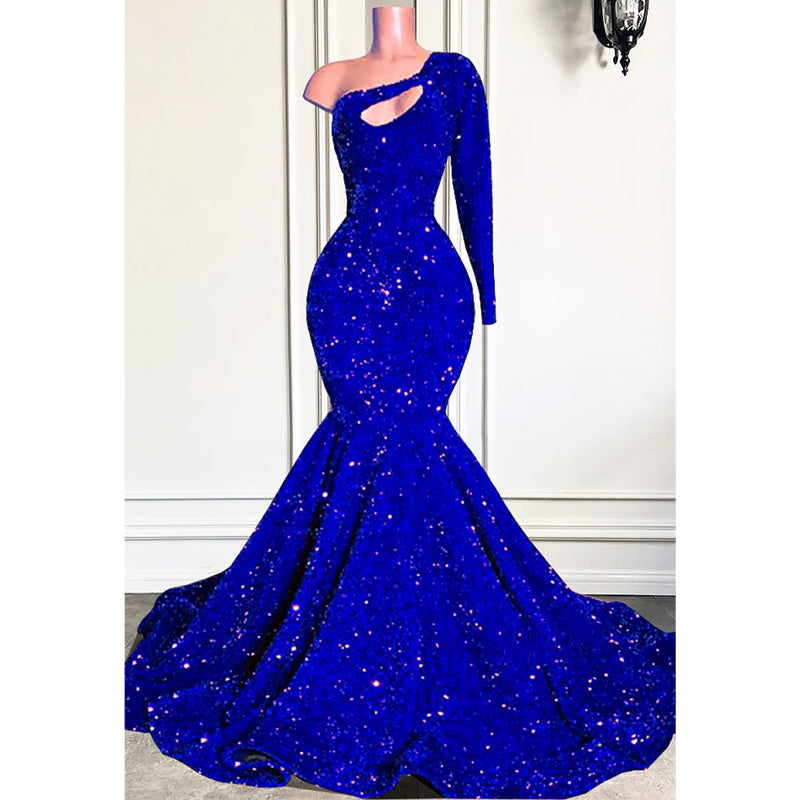 Unique Scoop Long Sleeves Sequins Sparkly Prom Dress